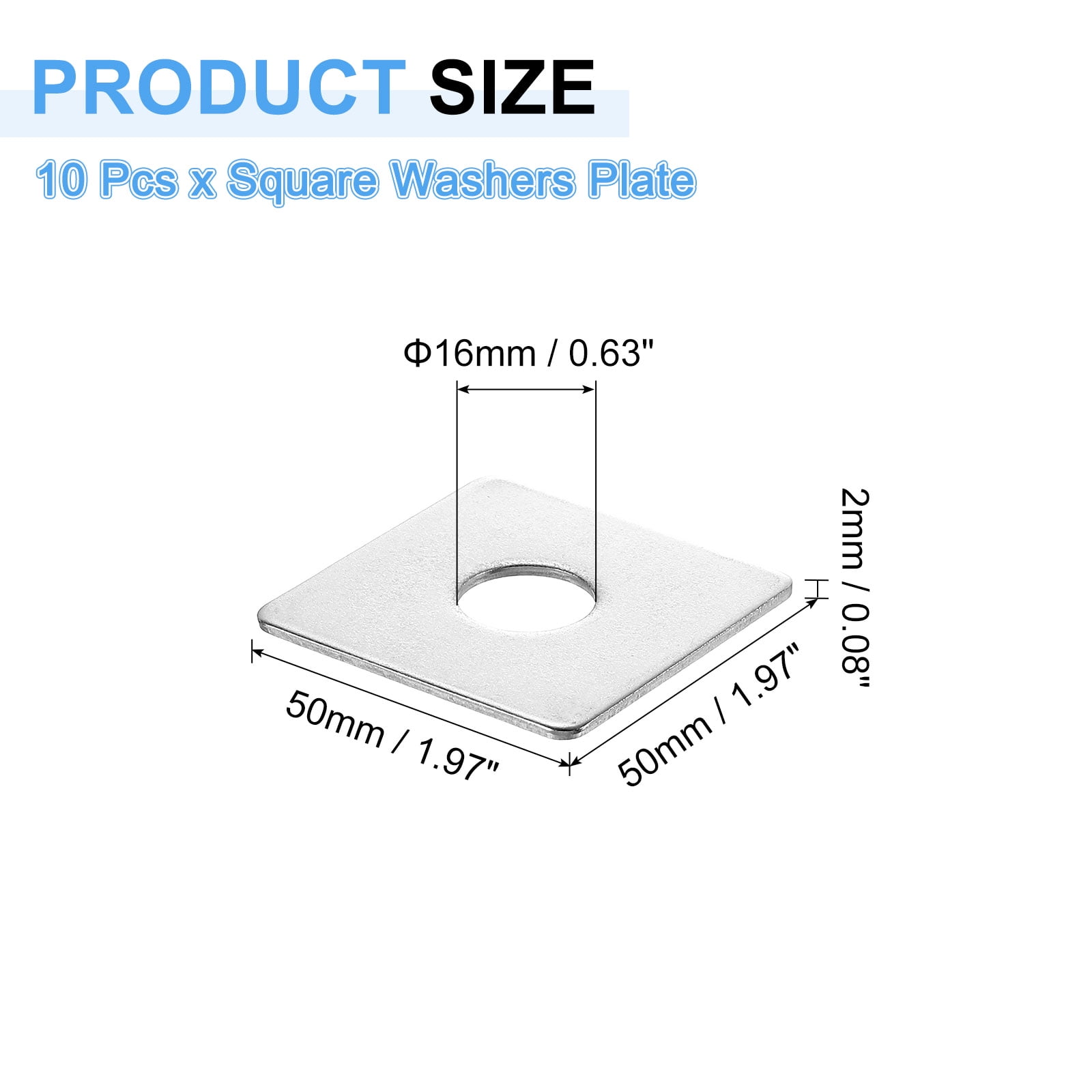 10Pcs 2" Square Plate Washer for 5/8" Bolt, 304 Stainless Steel Flat Bearing Plate (0.08" Thick)