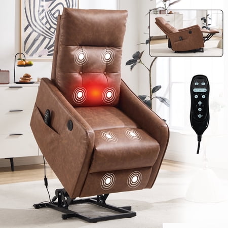 FFZ Power Lift Recliner Chair with Massage, Heat and USB Charging, 25.2 x 35.63 x 39.18 inch, Brown