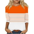 thumbnail image 2 of BRGZLK Womens 3/4 Length Sleeve Tops Fashion Striped Printed Tee Loose Round Neck Casual Basic T Shirt Orange XL, 2 of 5