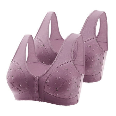 TrendVibe365 Lounge Bras for Women Plus Size Pack of 2 Daisy Floral Wirefree Push up Bralette Padded Snap Front Clasp Wide Strap Longline Corset Full Coverage Crop Tank Top Comfort Underwear Purple