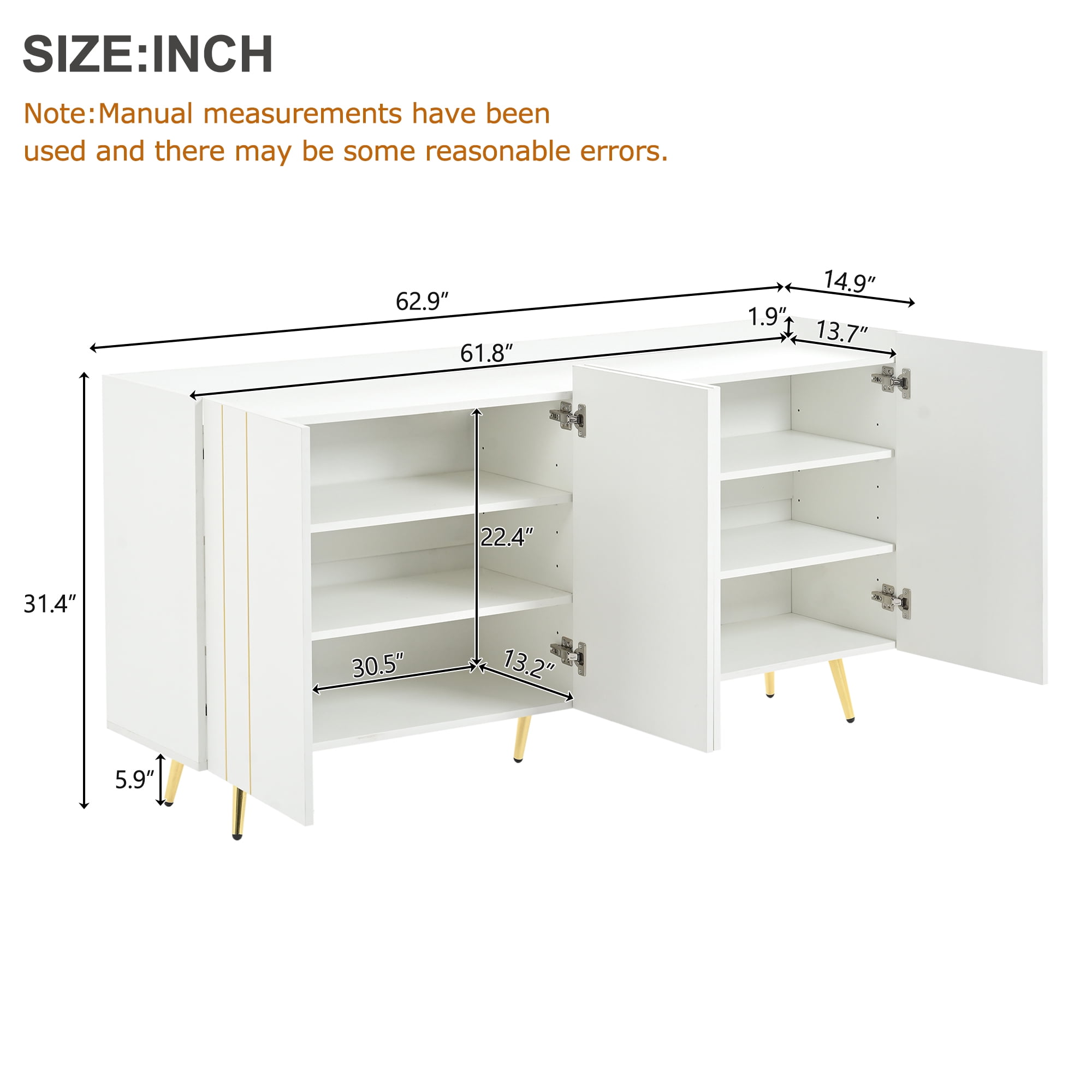 Euroco Modern Storage Cabinet with Gold Accents and Adjustable Shelves, Multi-Purpose Sideboard for Entryway, Kitchen, or Living Room – Handleless Design with Spill-Proof Top