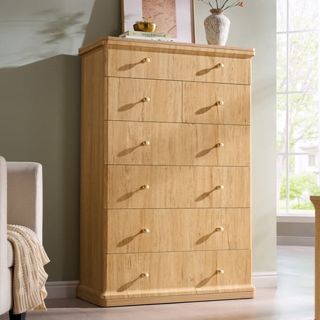 Aitjunz 7 Drawer Tall Dresser, Modern Chest of Drawers for Bedroom, Wooden Storage Dresser with Curved Waterfall Design and Metal Handles