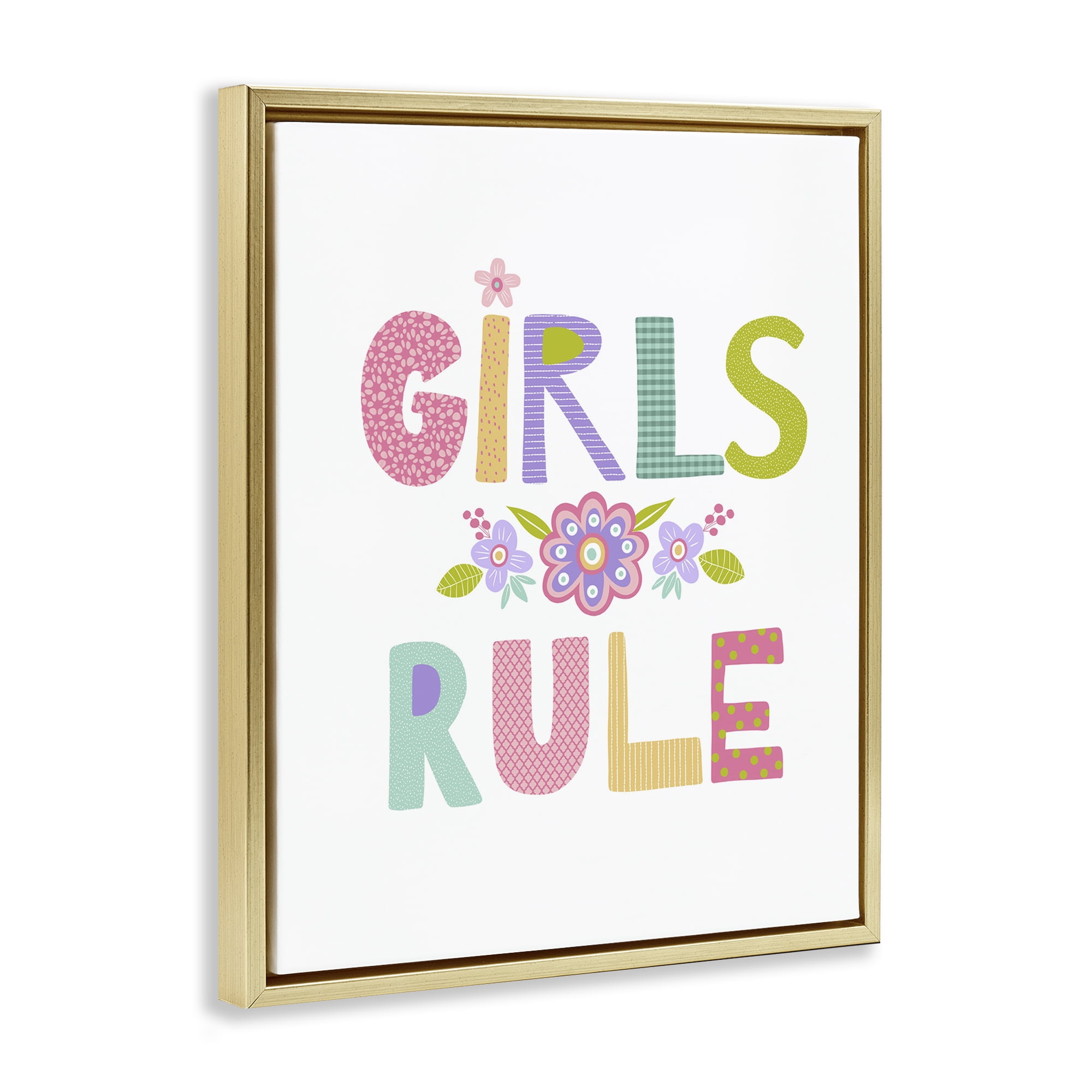 Stupell Industries Girls Rule with Flowers Botanical & Floral Painting Gold Floater Framed Art Print Wall Art, 17 x 21