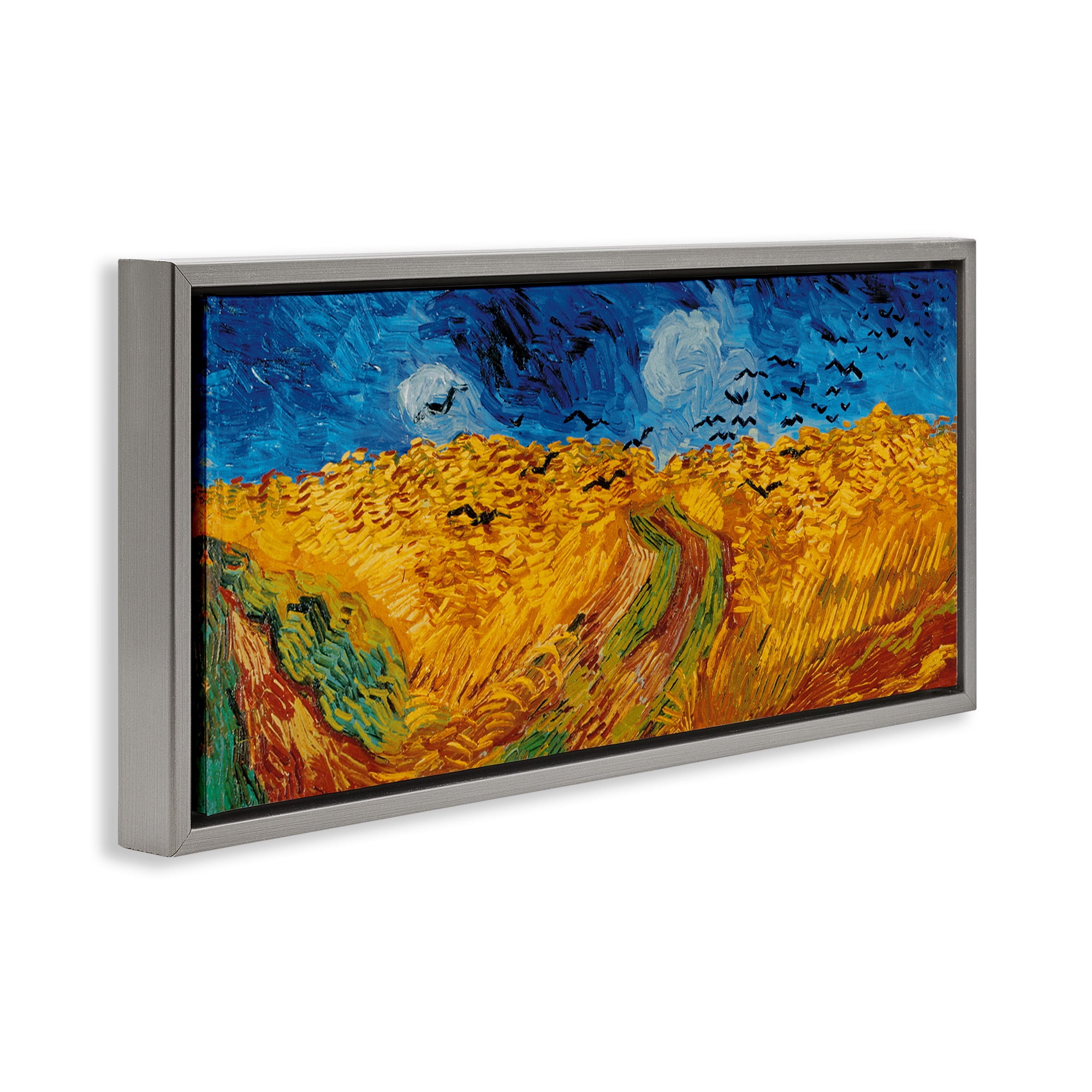 Stupell Industries Wheat Field with Crows Classic Landscape Painting Gray Floater Framed Canvas Art Print Wall Art, 31 x 14