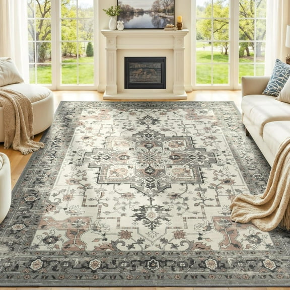 Area Rugs For Living Room, Machine Washable Non Slip Carpet, Large Vintage Floral Aesthetic Rug, Bedroom Decor, Taupe, Brown/Beige/Cream 1x2ft