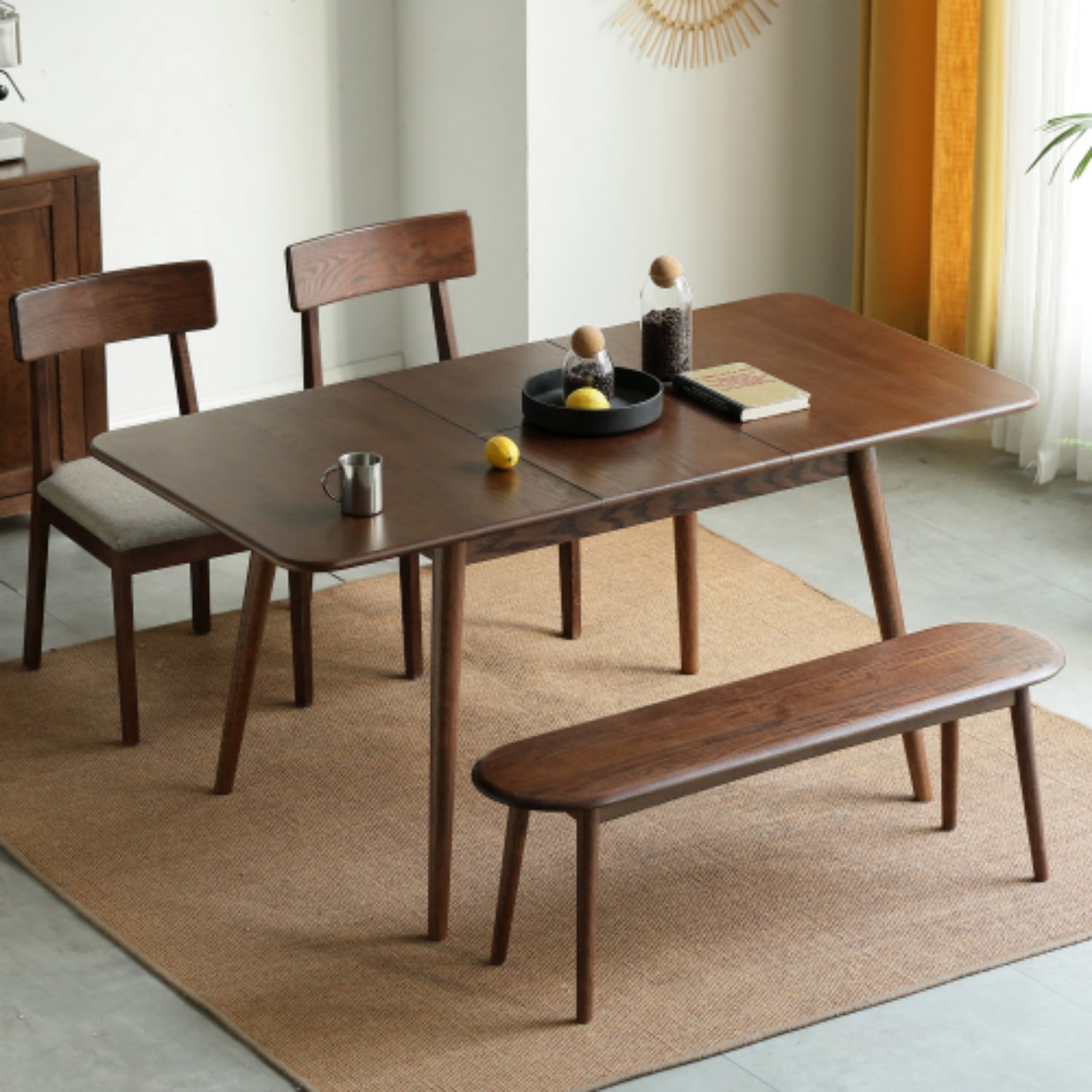 Extendable Solid Oak Dining Table, 47.2"-63" Modern Farmhouse Wooden Kitchen Table with Rounded Corners, Seats 6-8, Walnut
