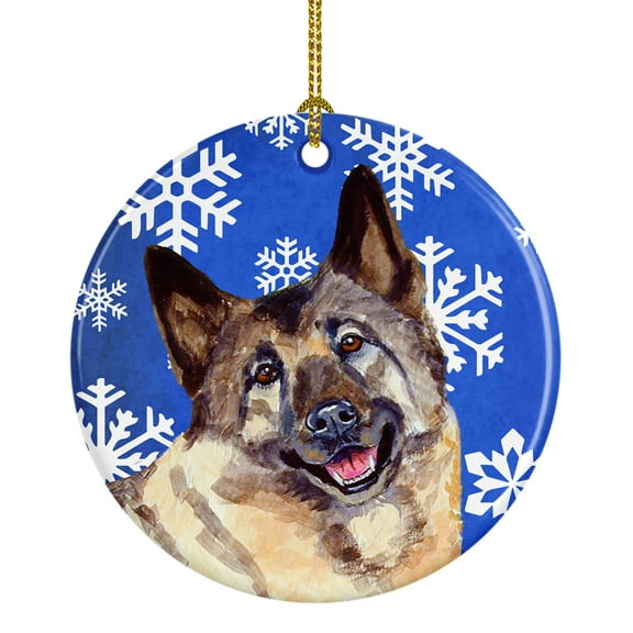 Carolines Treasures LH9308-CO1 Norwegian Elkhound Winter Snowflakes Holiday Ceramic Ornament 3 in multicolor
