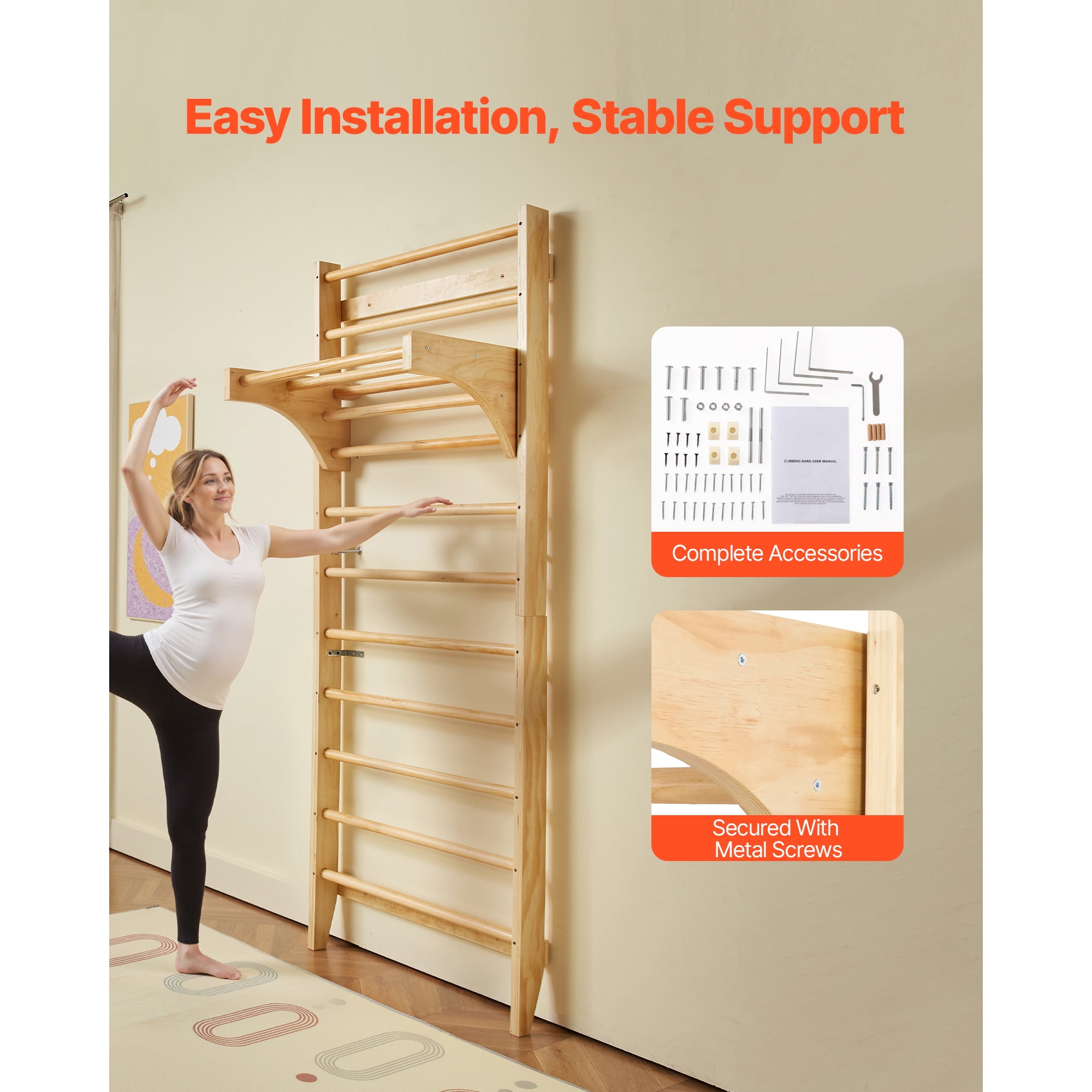 KFFKFF Swedish Ladder Wall Gym Gymnastic Stall Bars with Pull‑Up Bar for Ages Kids 3+ and Adults 1 x Swedish Ladder Wall Gym, 1 x User Manual
