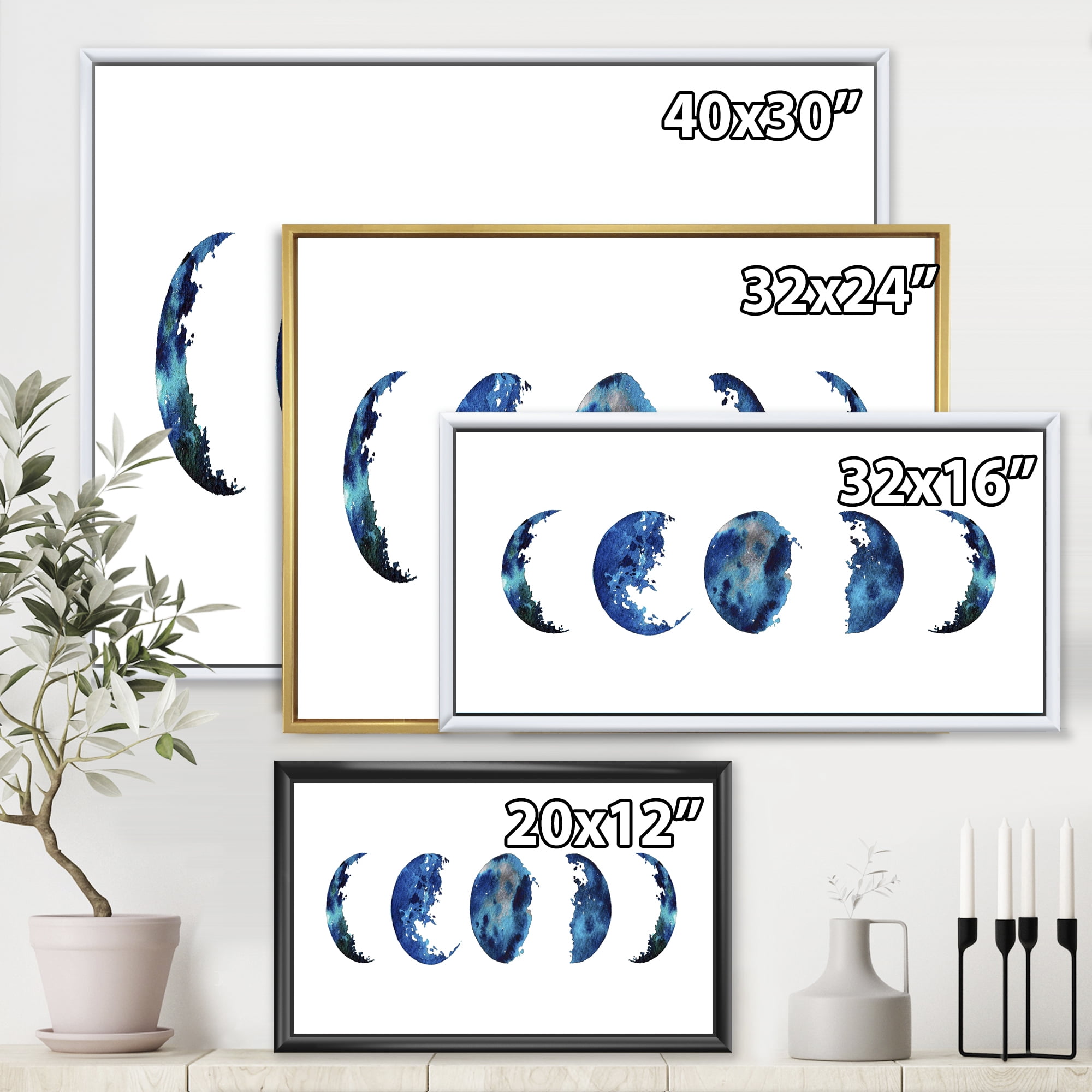 Designart 'Blue Moon Different Phases' Bohemian & Eclectic Framed Canvas Wall Art Print