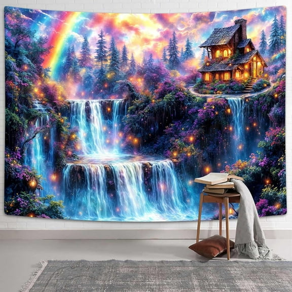 Gojian Fantasy Forest Tree Butterfly Wall Hanging, Fairy Magical Enchanted Jungle Waterfall Mushroom Tapestry for Bedroom Living Room