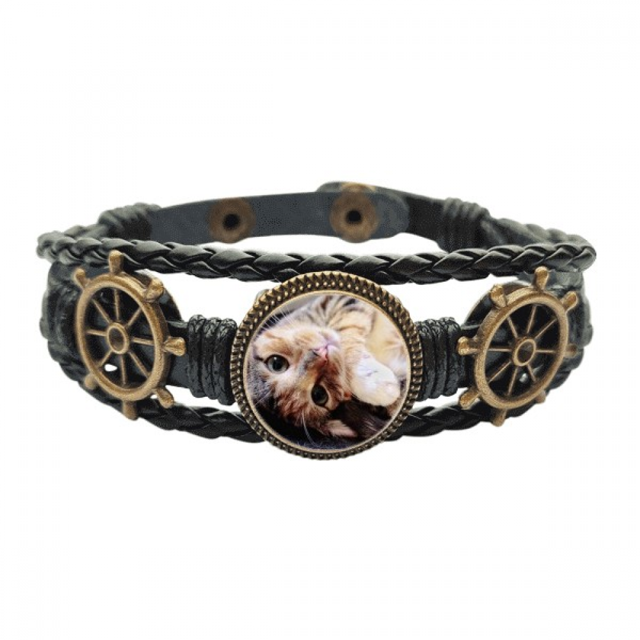 Stripes Kitty Cat relajarse animal adorable Pulsera marina tejida en cuero