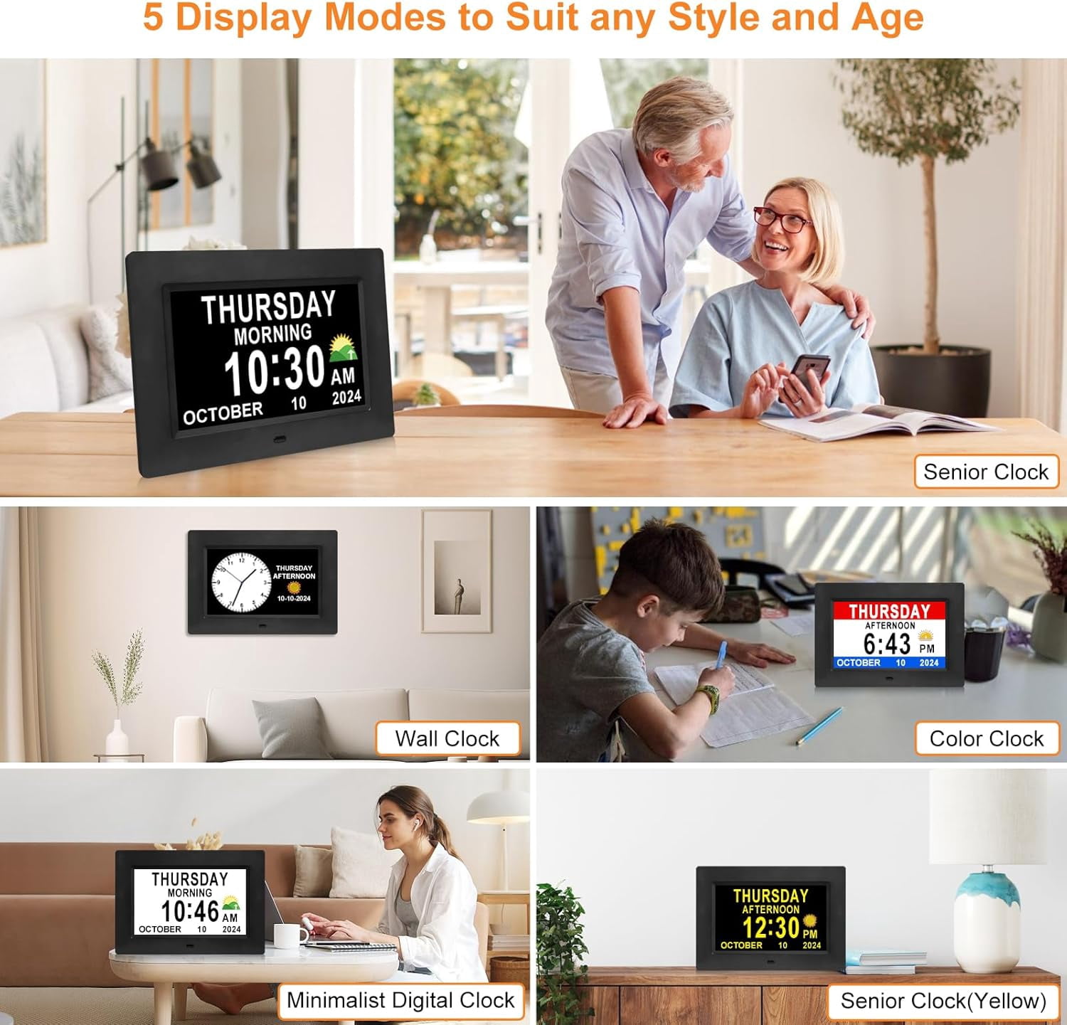 Digital Calendar Dementia Alarm Clock with Day and Date for Elderly - 15 Alarms 5 Colors Display Large Alzheimers Seniors (7in Black)