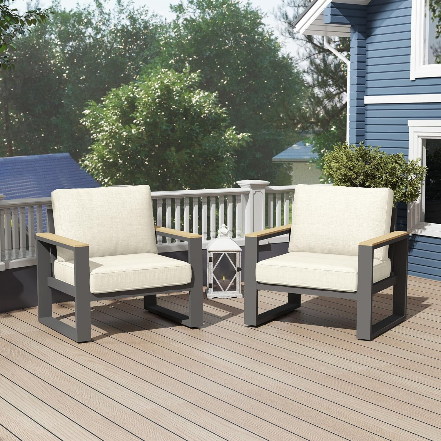 Heynemo Aluminum Outdoor Armchair, 2 Pieces All-Weather Metal Patio Single Sofa, Patio Conversation Set for Porch Backyard Garden, Beige