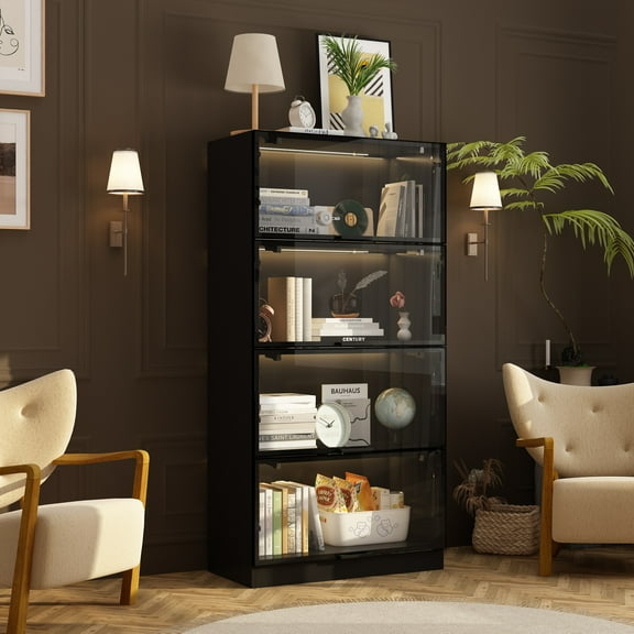 KULAGAGA 63" Tall 4-Door Glass Display Cabinet with 4 Adjustable Shelves - Freestanding Storage Bookcase in Black, Steel Frame Perfect for Living Room & Kitchen Display Case