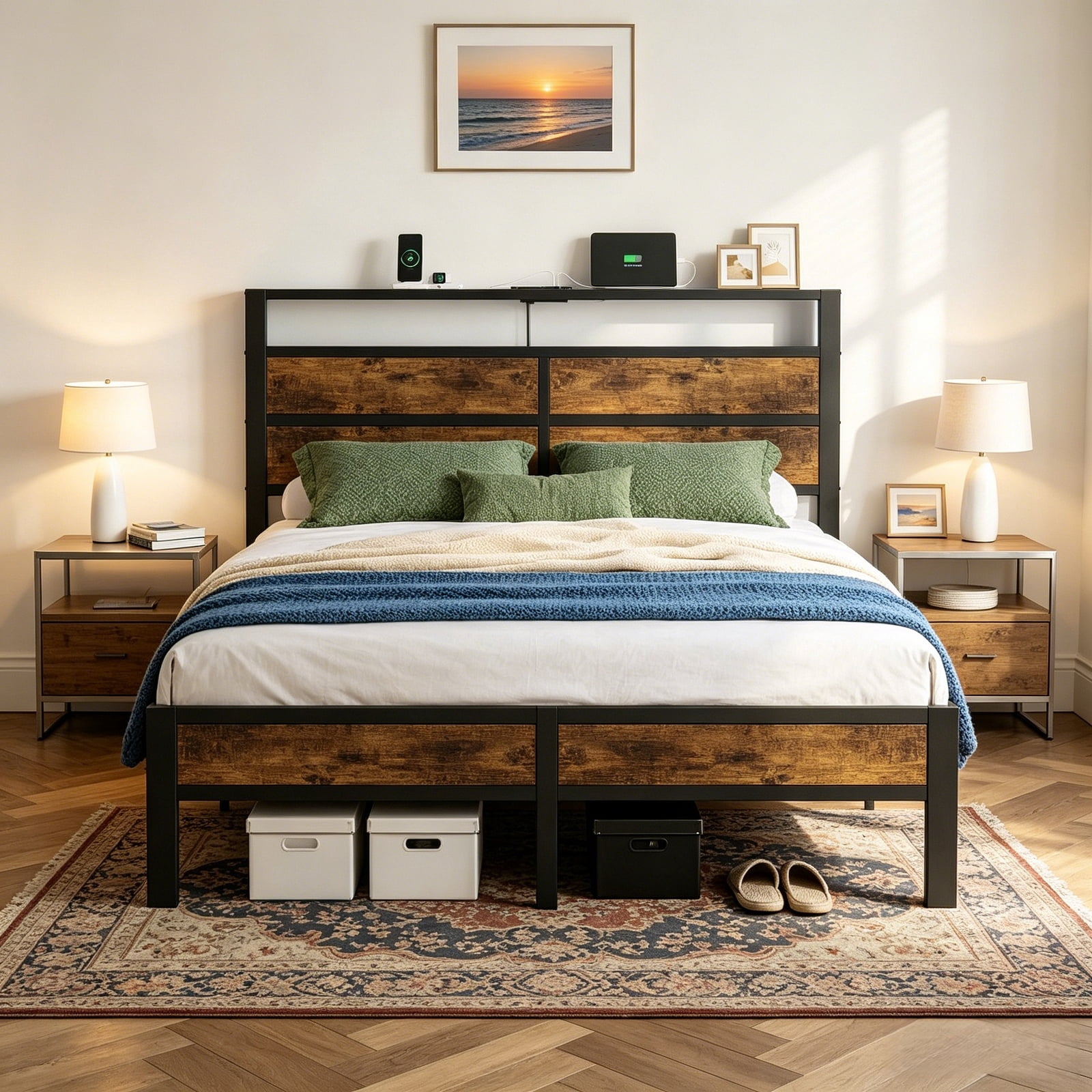 Kbun Queen Size Bed Frame with Headboard, LED Lights & Charging Station, No Box Spring Needed, Noise-Free, Easy Assembly
