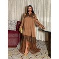 thumbnail image 5 of Brown Plus Size Women Casual Vacation A-Line Dress With Button Front, Lace Hem & Mesh Splice, 5 of 5