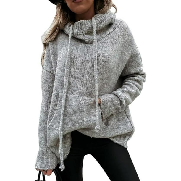 Sudadera con capucha para mujer, sudadera con capucha de manga larga, jersey de punto, jersey de cuello alto de gran tamaño para mujer, jersey de punto elegante para otoño e invierno (L)