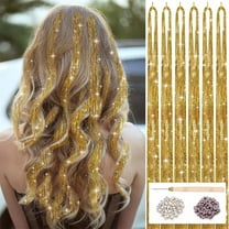 6Pcs Hair Tinsel Kit with Tool 1200 Strands Hair Tinsel Heat Resistant Tinsel Hair Extensions Sparkling Shiny Glitter Fairy Hair for Women Girls Kids (Champagne Gold)