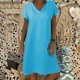 thumbnail image 2 of Vestido midi de lino con cuello en V y manga corta para mujer - Ropa informal de playa - Poliéster y spandex - Tallas S-XXL, 2 of 6