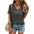 thumbnail image 3 of Liher Summer Tops for Women Short Sleeve Tshirts V Neck Loose Basic Tops Casual Solid Roll Sleeve Tee Shirts Dark Gray S, 3 of 6