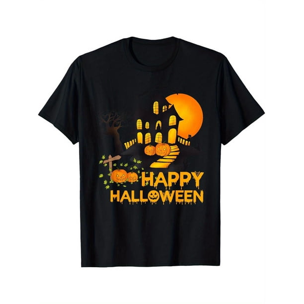 Men's, Women'S & Kids' Happy Halloween T-Shirts - Spooky Haunted House & Jack-O-Lantern Print with Bats & Cobwebs - Black Crew Neck Short Sleeve Casual Shirts for Parties, Trick--Treat, O