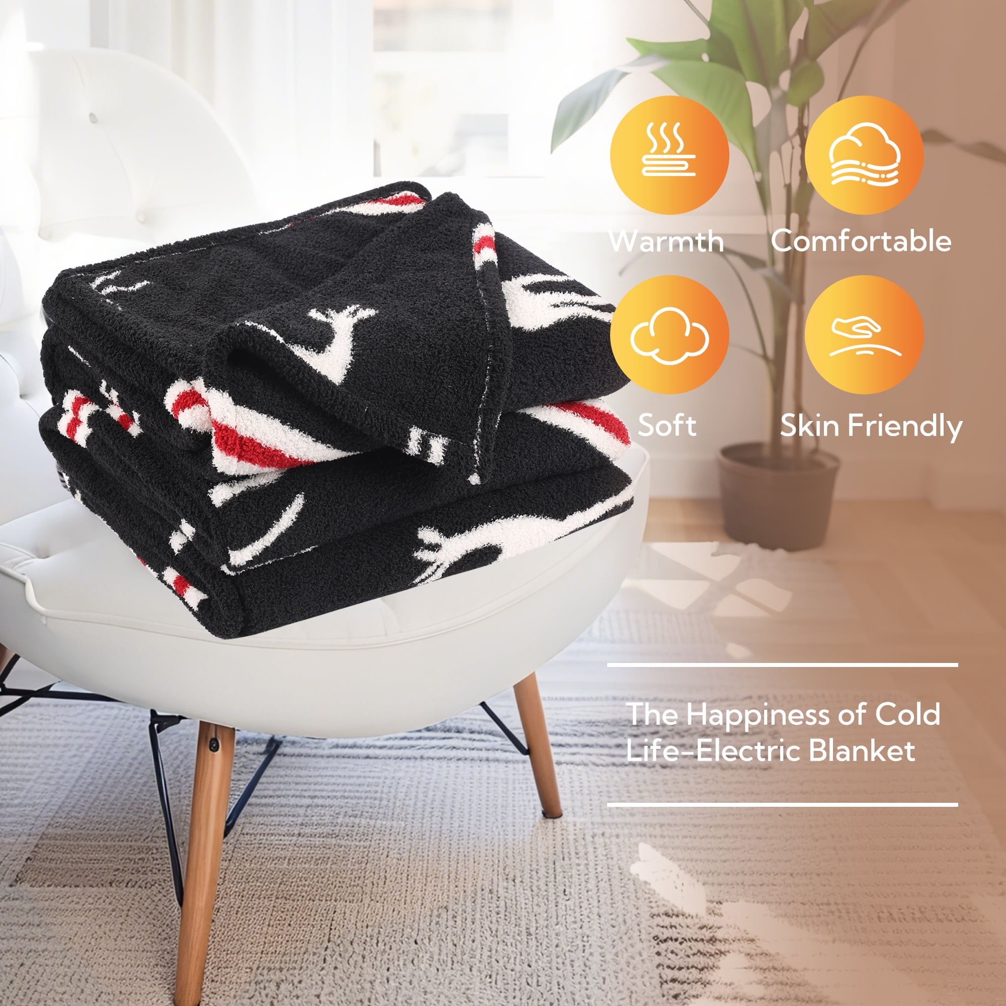 SUNNY HEAT Electric Heated Blanket Twin size 62''x84'' Warm Machine Washable- black and white