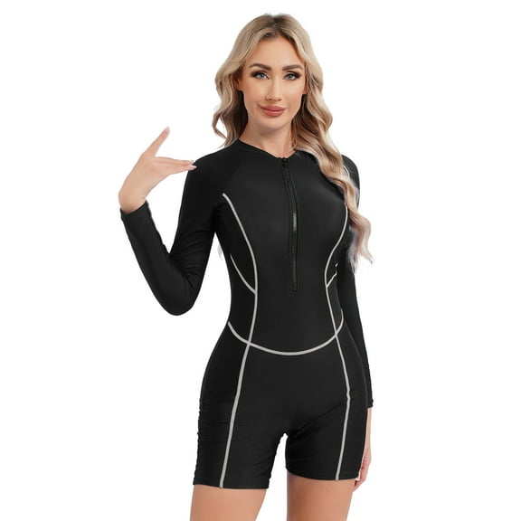 iEFiEL Womens Rash Guard One Piece Swimsuit UPF 50  Sun Protection Long Sleeve Boyleg Swimwear Zip Surf Wetsuit Black S