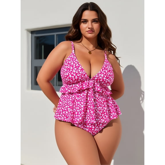 Plus Size Women's Pink Floral Two Piece Tankini Set – Ruffled V-Neck Swimsuit