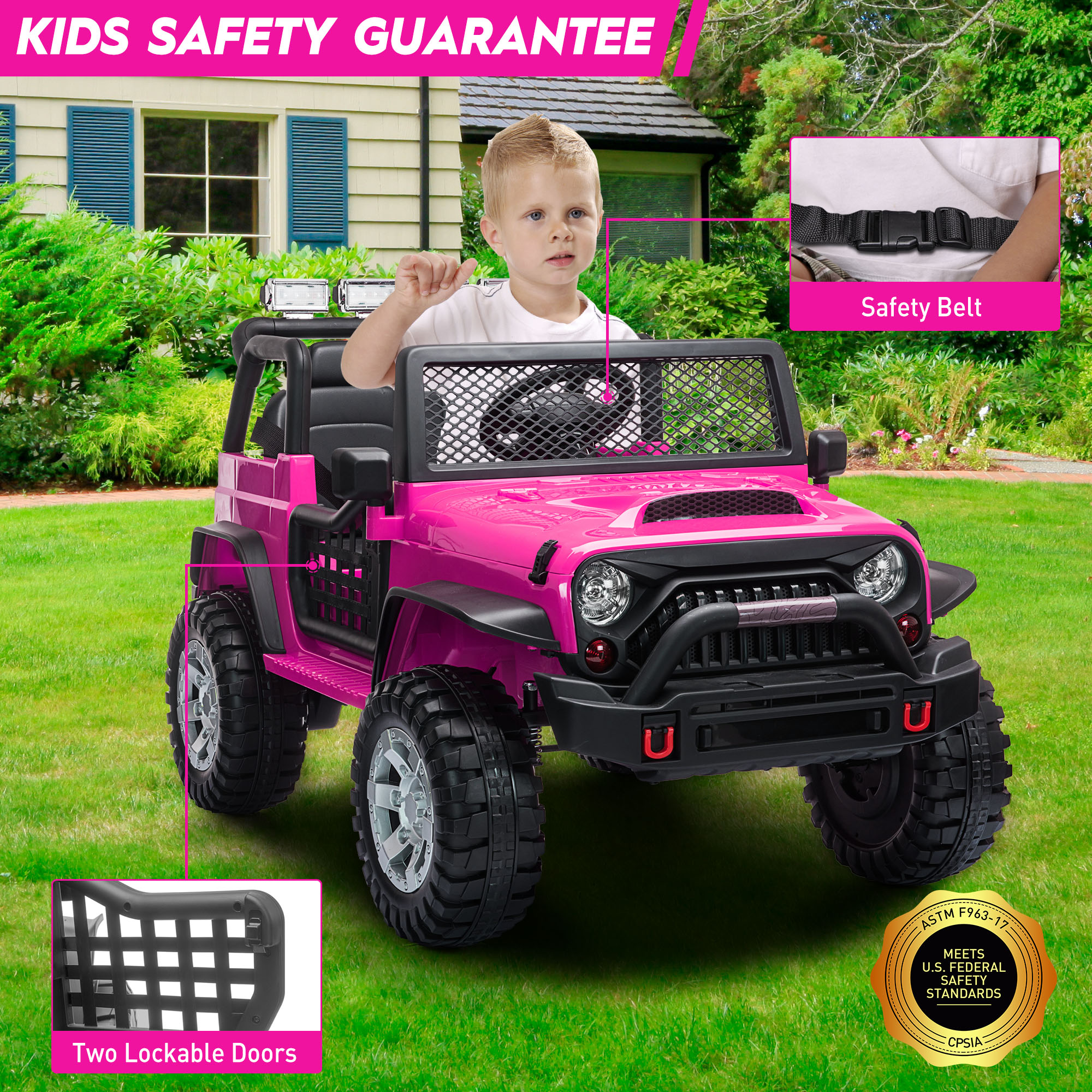 TOBBI 12V Kids Ride on Car, Jeep Car with Remote Control, LED Lights, Music, Horn, Bluetooth, Spring Suspension, Rocking, Rose Red