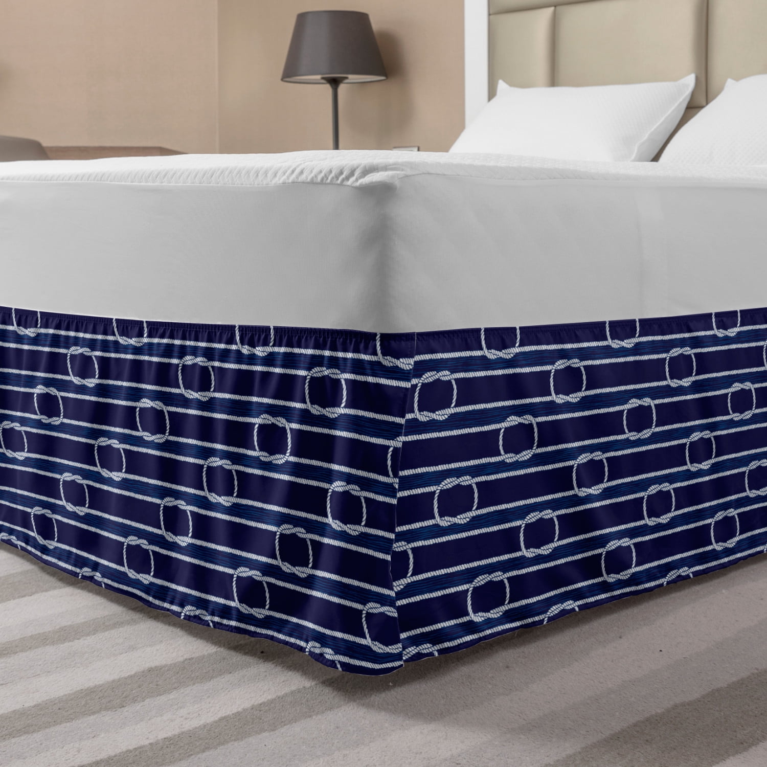 Navy Blue Bed Skirt, Marine Inspired Rope Pattern Knots Aquatic