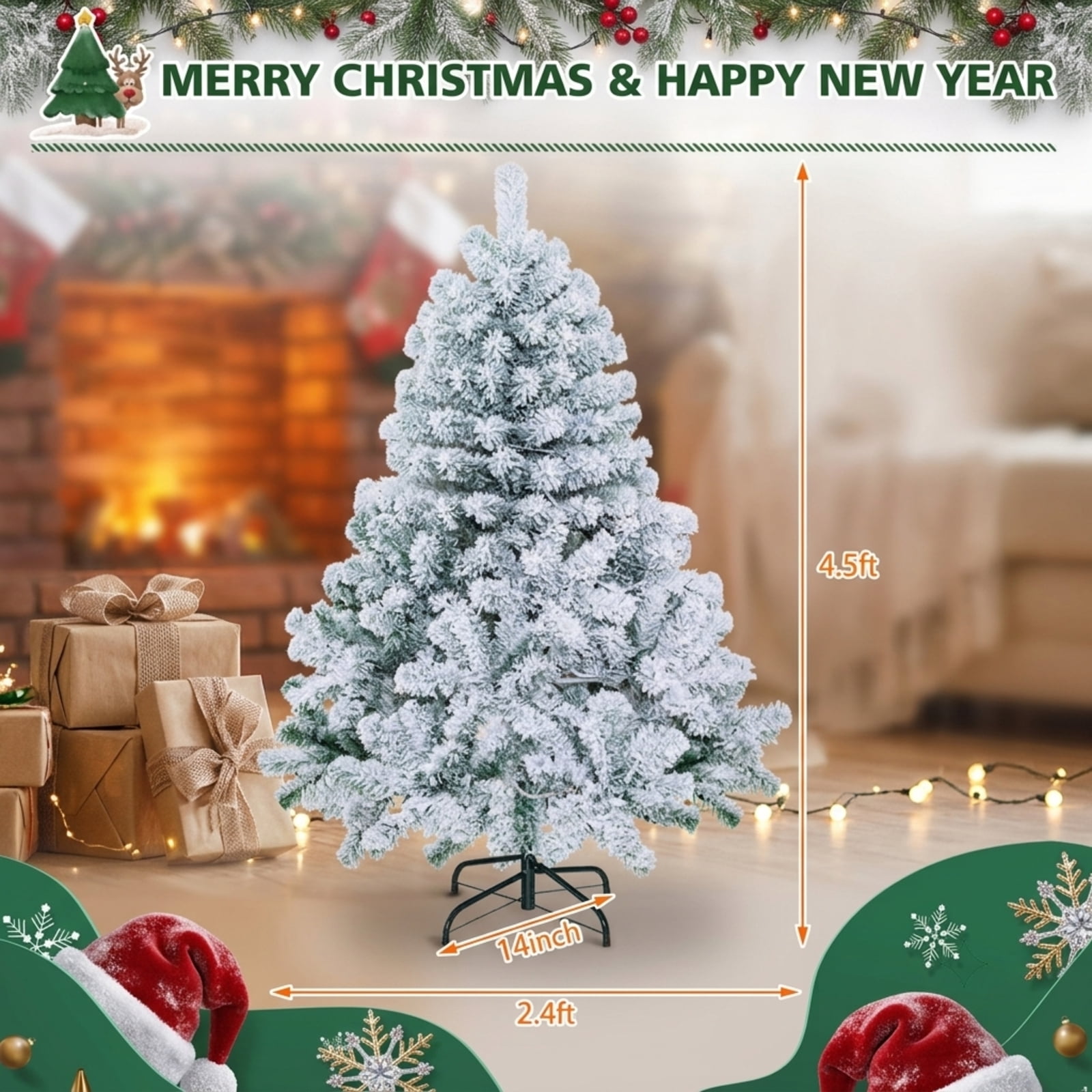 RUIE 4.5 ft Snow Flocked Christmas Tree, Pre-Lit Green White Artificial Xmas Tree with 150 LED Lights and 295 Branch Tips, Tabletop