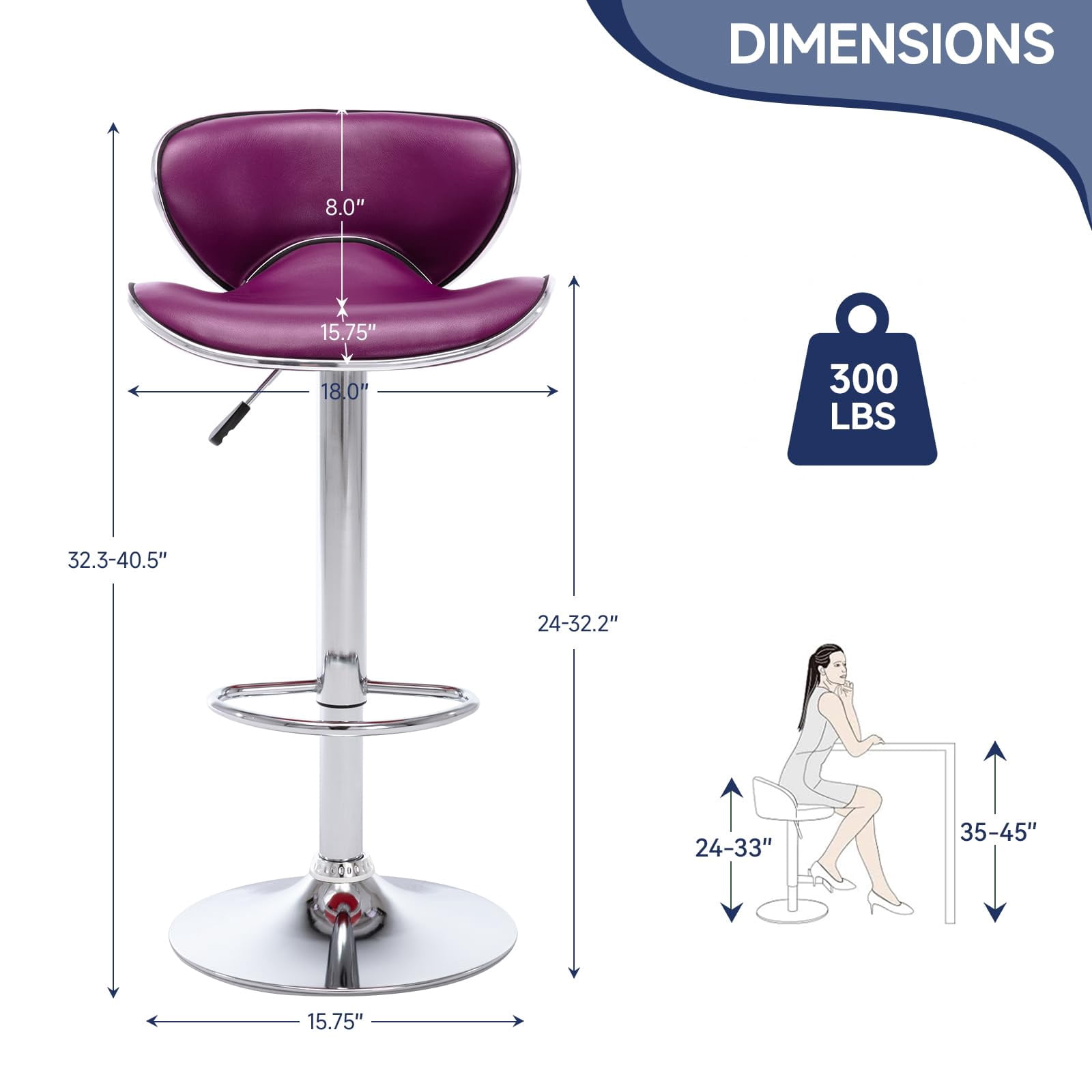 Adjustable Swivel Bar Stools Set of 2 , Modern PU Leather Upholstered Bar Chairs with Chrome Base for Kitchen Island, Dining Room, Pub, Counter (Purple)