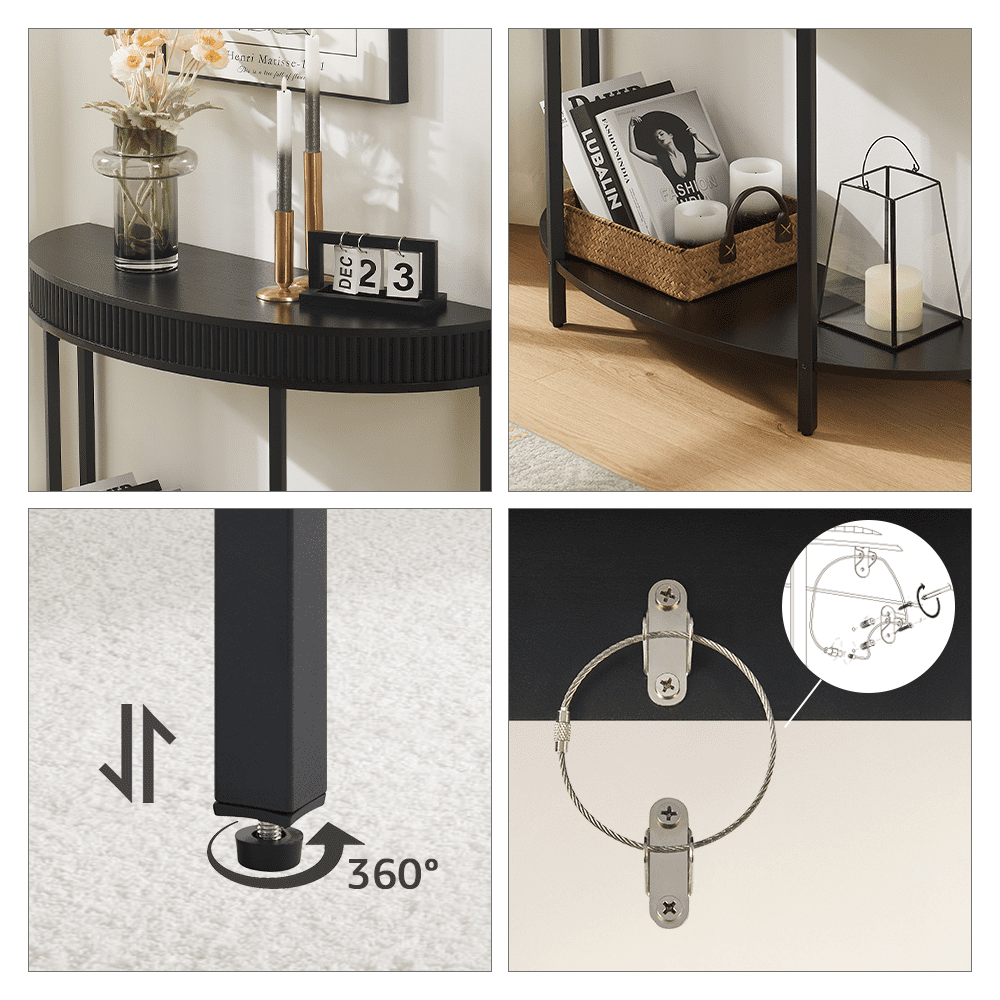 Rosary Blenn Fluted Half Moon Console Table, Modern 2-Tier Black Entryway Console with Storage