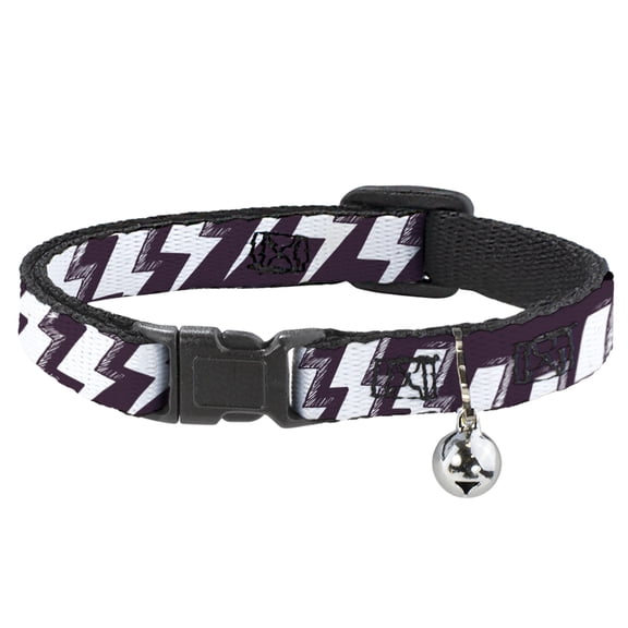 Buckle-Down Breakaway Cat Collar With Bell, Plastic Clip, Easy Adjustable, Lightning Bolts Sketch Plum White, 8.5 to 12 Inches 0.5 Inch Wide
