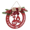 thumbnail image 3 of Signe de Porte de Noël en Bois Rond Évidé Lampe Boule Noël Porte d'Entrée Suspendue Signe Décor avec Couronne Lin Arc Rouge, 3 of 14