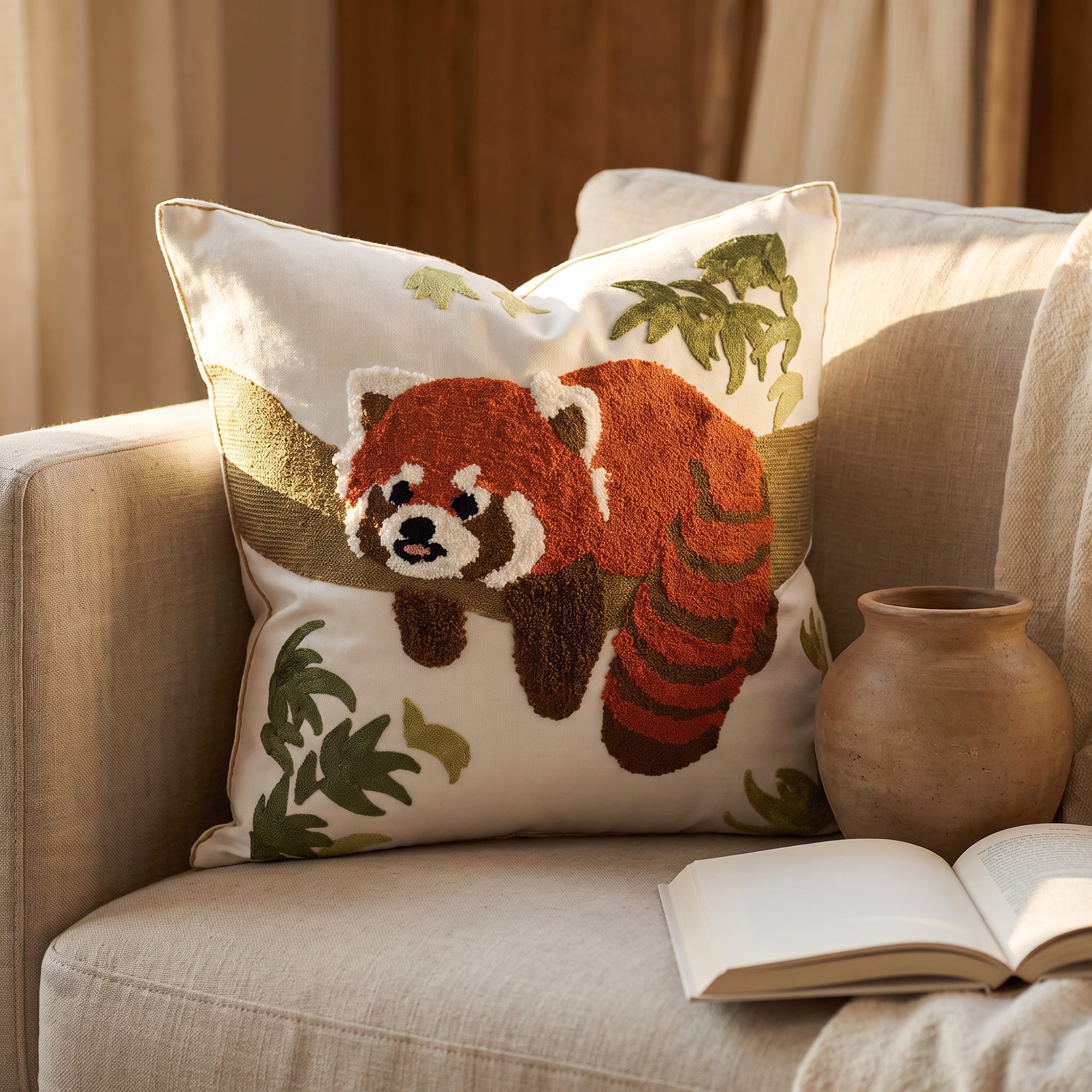 Unique Bargains Cotton 3D Embroidered Throw Pillow Cushion Cover Red Panda 18" x 18"