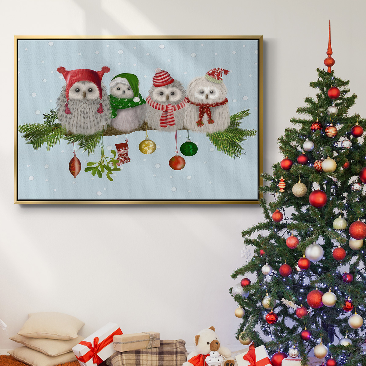 Christmas Fluffy Christmas Owls on Branch - Framed Gallery Wrapped Holiday Canvas - 27 x 41 - Gold Frame