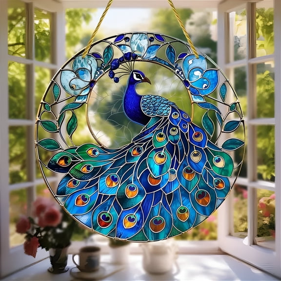 XIBUFE 8 Inch Peacock Window Suncatcher, Boho Acrylic Hanging Decor for Indoor Outdoor, Bird Lover Gift for Home Garden Patio, Colorful Wall Ornament for Kitchen Bedroom