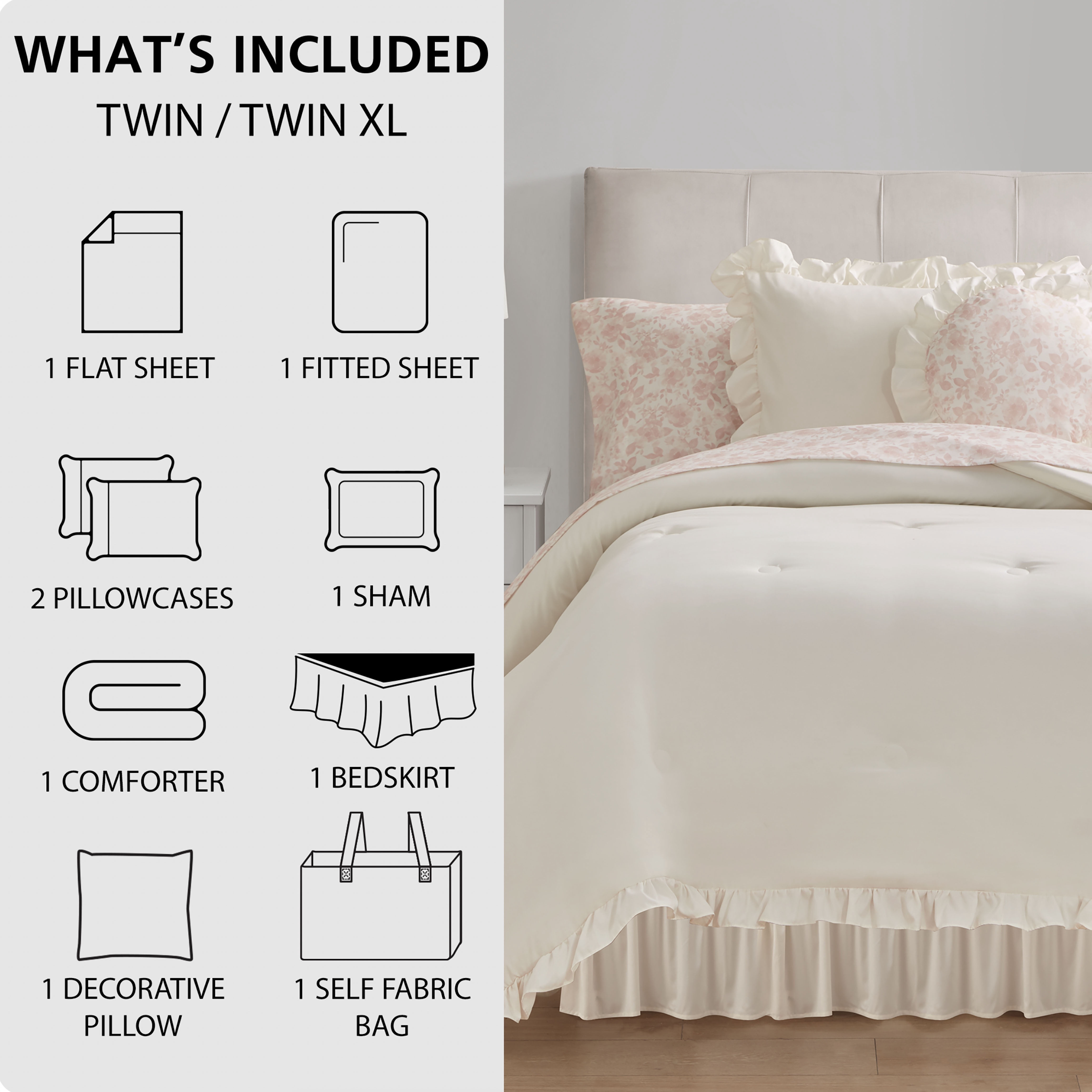 Mainstays Reversible 8-Piece Bed-in-a-Bag Comforter Set with Sheets, Cream Ruffle, Twin/Twin-XL