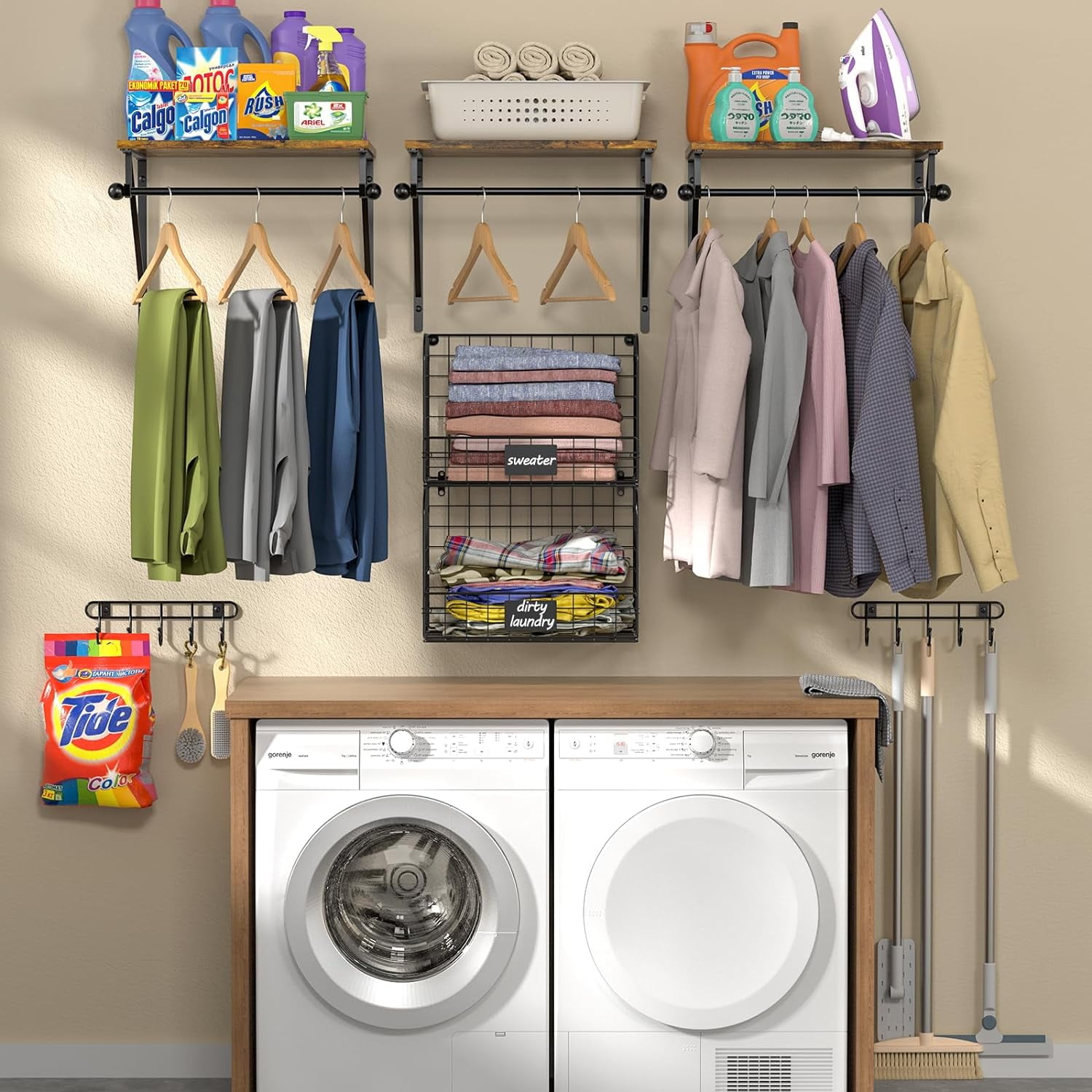 Wall Mounted Laundry Room Shelves with Wire Baskets and Drying Rods, Over Washer Dryer Storage Organizer, Wood Metal Black