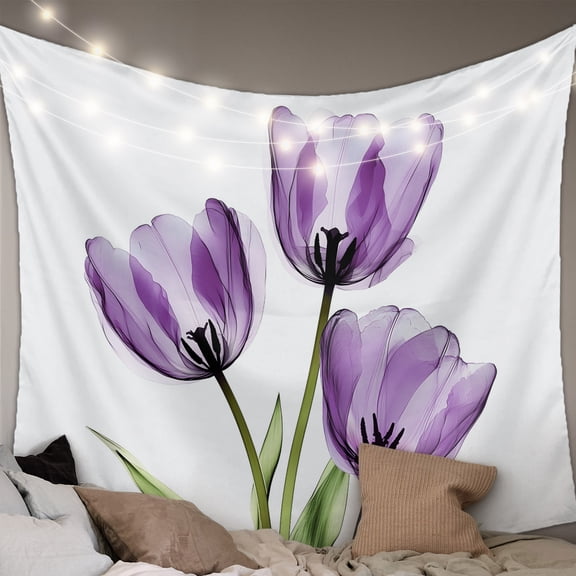 Purple Tulips Tapestry for Bedroom Wall Hanging Tapestry, Spring Floral Botanical Plant Abstract Ceiling Backdrop Tapestries Poster Blanket Wall Decor for Teens Room Living Room Dorm 59" x 79"