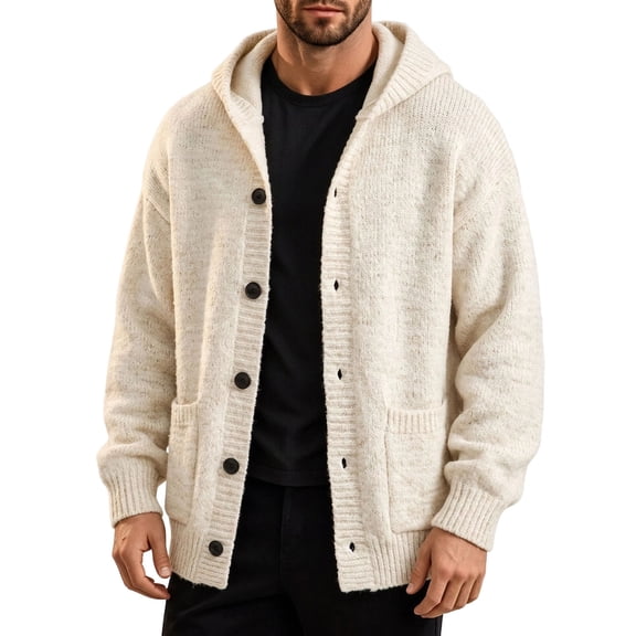 Rrxhxhs Mens Cardigan Solid Color Button Front Long Sleeve Loose Casual Hooded Knitted Sweater Cover Up with Pockets