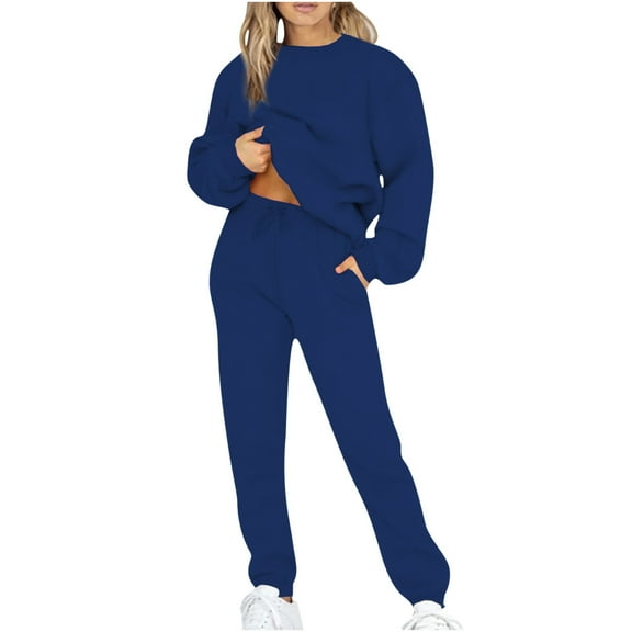 Elainilye Fashion Womens 2 Piece Outfits Casual Long Sleeve Loose Round Neck Tops Skinny Long Pants Sweatsuit Sets,Blue