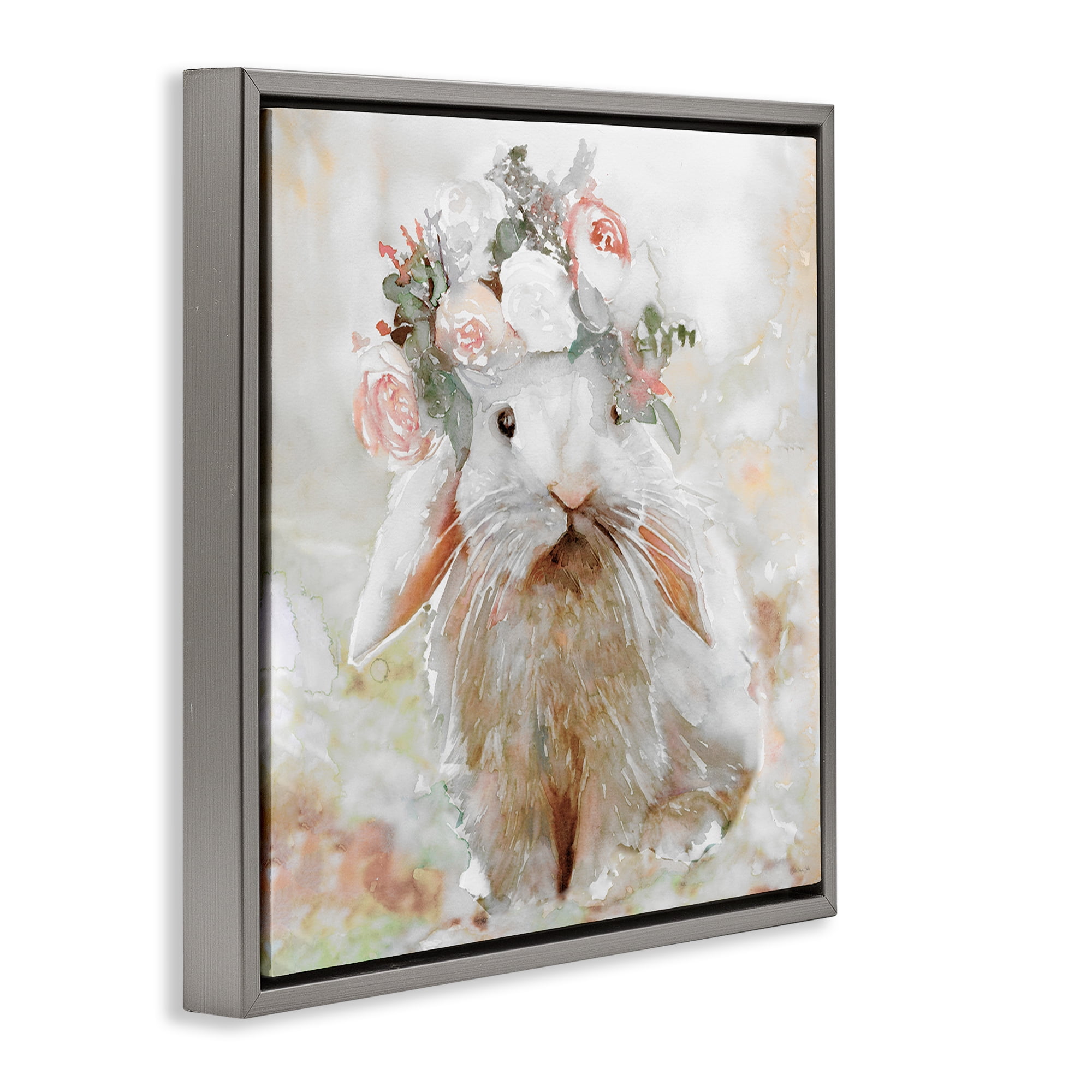 Stupell Industries Spring Floral Bunny Animals & Insects Painting Gray Floater Framed Canvas Art Print Wall Art, 25 x 25