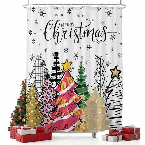 nqOlkjepod Christmas Tree Shower Curtain, Waterproof Shower Curtains for Bathroom, Xmas Tree Snowflake Pink Green Black Washable Fabric Bathtub Curtain Set Bath Decor with 12 Hooks Long 72"x84"