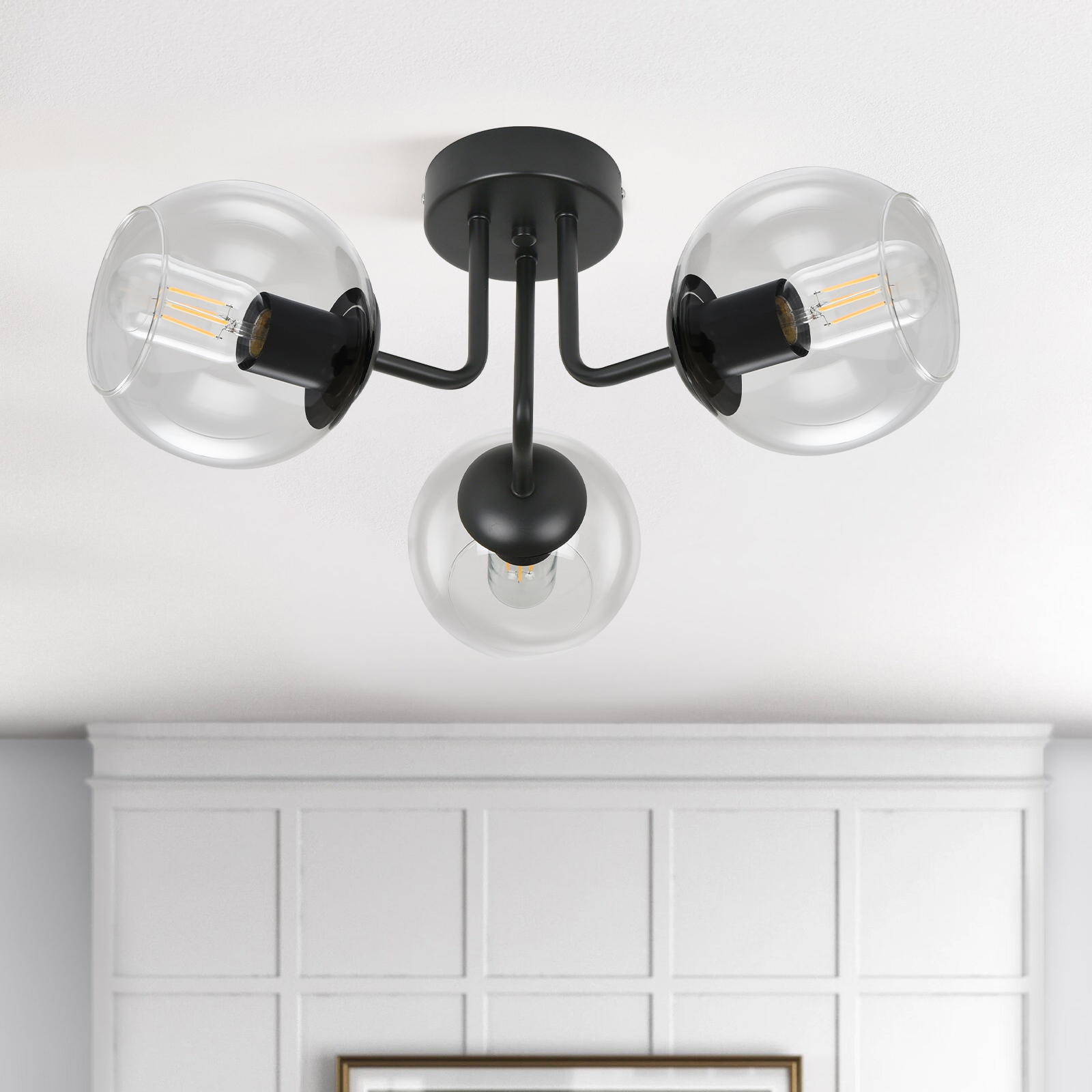 GoYeel 3 Light Black Global Ceiling Light Glass Shade Modern Close to Ceiling Light for Dining Room Kitchen Island Entryway Foyer