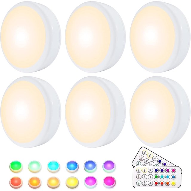 Luz de armario, luz nocturna LED RGB inalámbrica de 16 colores, luz LED para escaleras y luz de juego con 2 controles remotos y función de temporizador, paquete de 6
