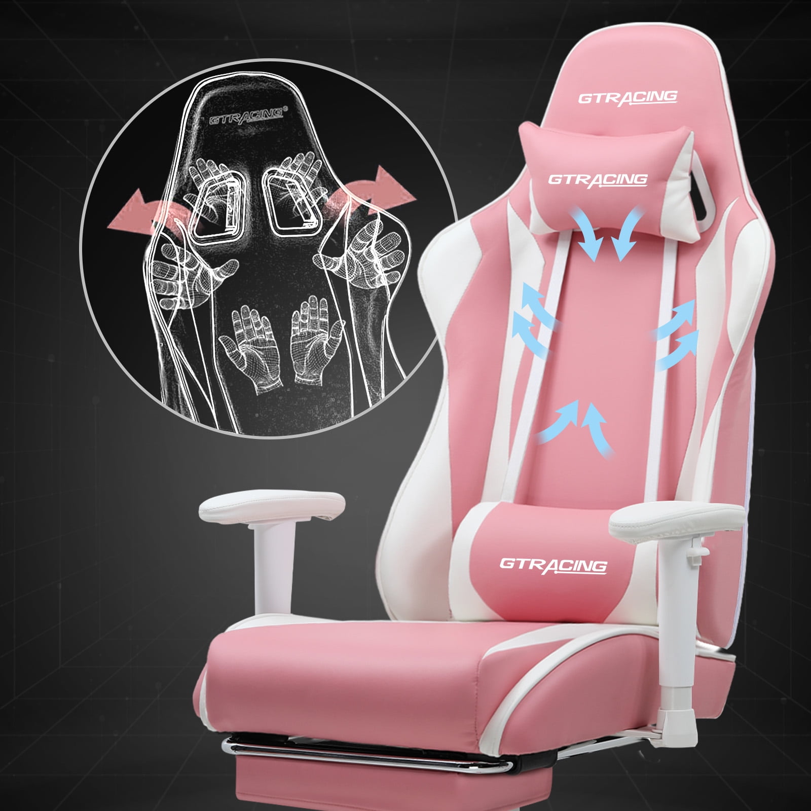 GTPLAYER Gaming Chair with Footrest PU Leather Office Chair with Adjustable Headrest, Pink