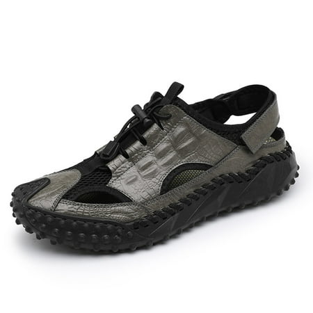 

Hicooer GOOHIK Mens Closed Toe Sandals Sport Sandals Casual Leather Handmade Sandals Adjustable Fisherman Beach Sandals For Outdoor Walking Driving Gray