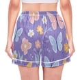 thumbnail image 3 of Women's Satin Pajama Shorts Purple Blossoms and Butterflies with Pockets, Elastic Waist Sleep Lounge Shorts, 3 of 7
